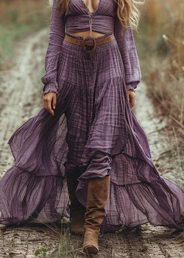 Beautiful Purple V Neck Hollow Out Wrinkled Cotton Maxi Dress Spring - Image 4