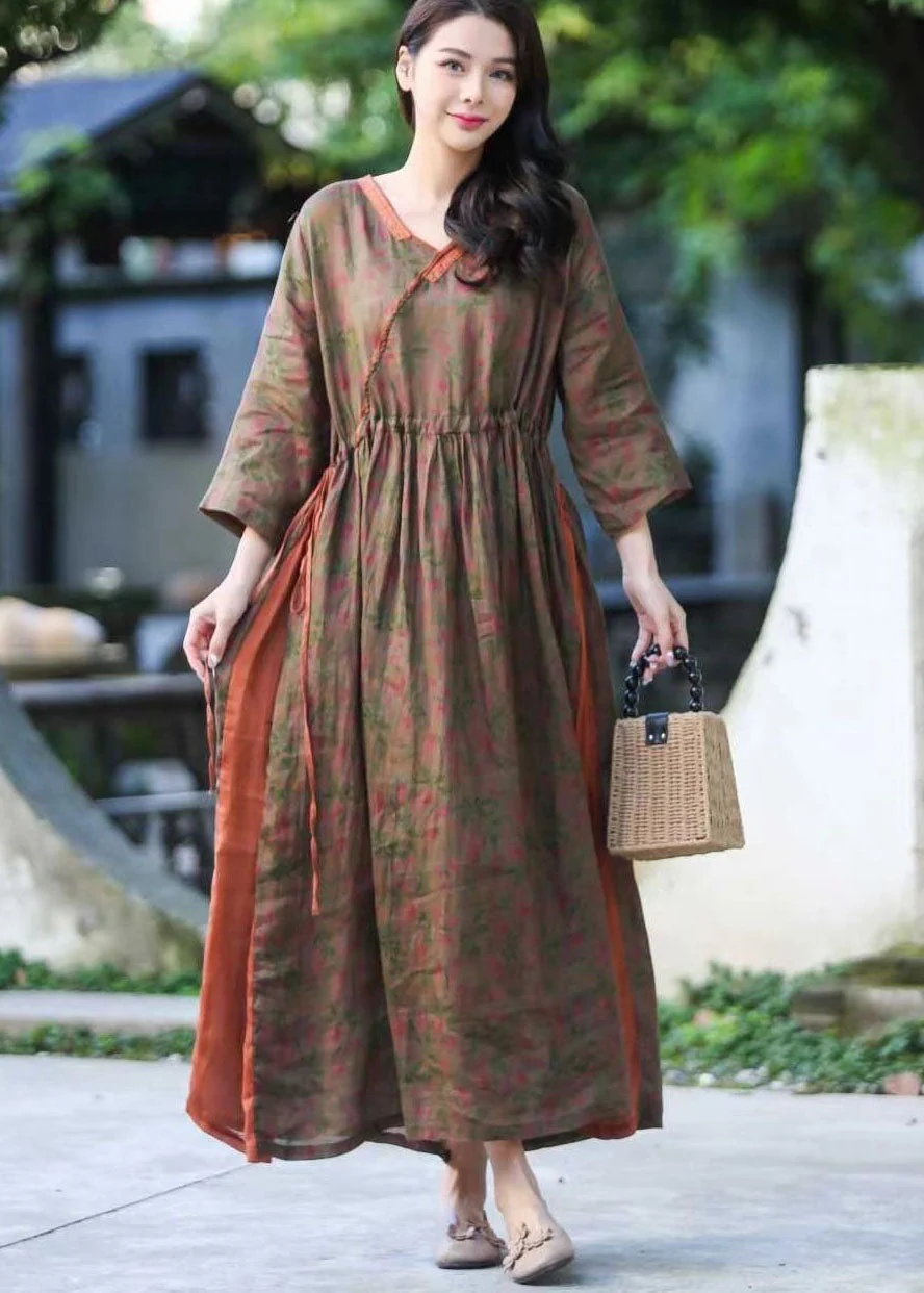 Beautiful Purple V Neck Print Drawstring Patchwork Linen Dresses Summer - Image 2