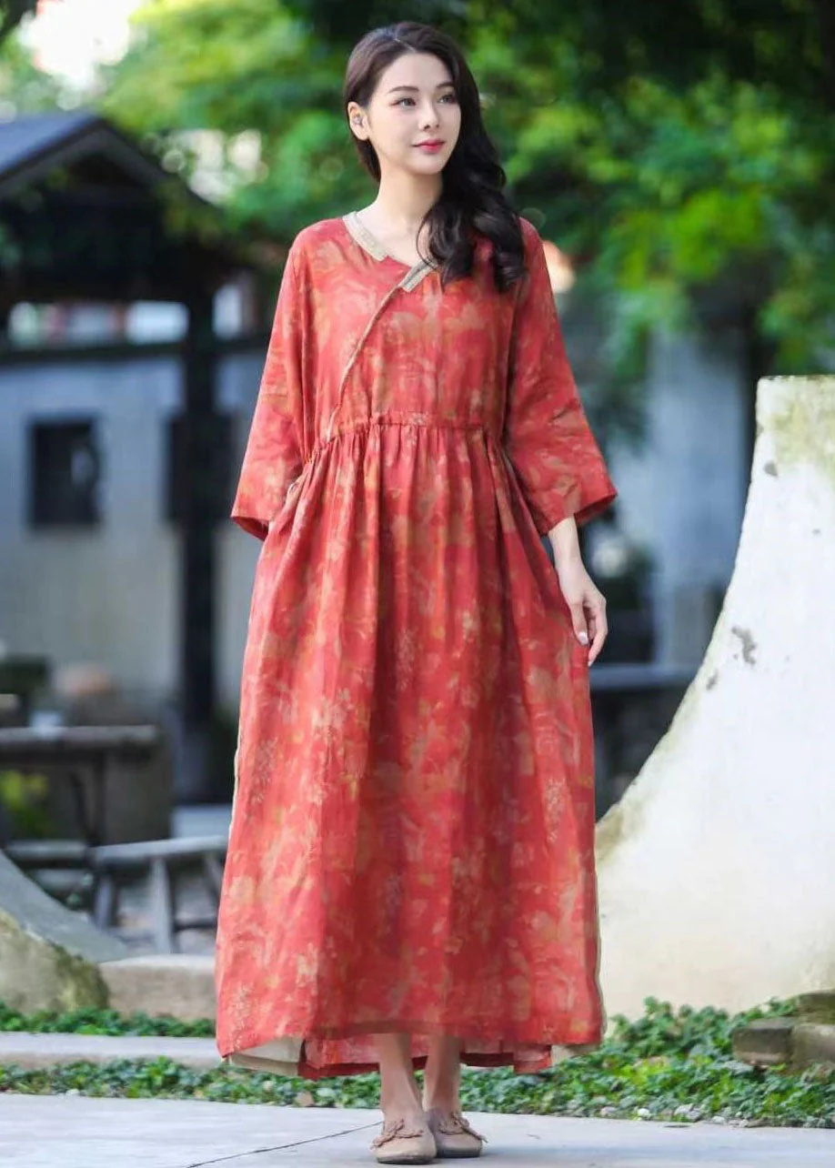 Beautiful Purple V Neck Print Drawstring Patchwork Linen Dresses Summer - Image 3