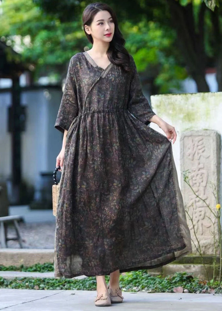 Beautiful Purple V Neck Print Drawstring Patchwork Linen Dresses Summer - Image 4