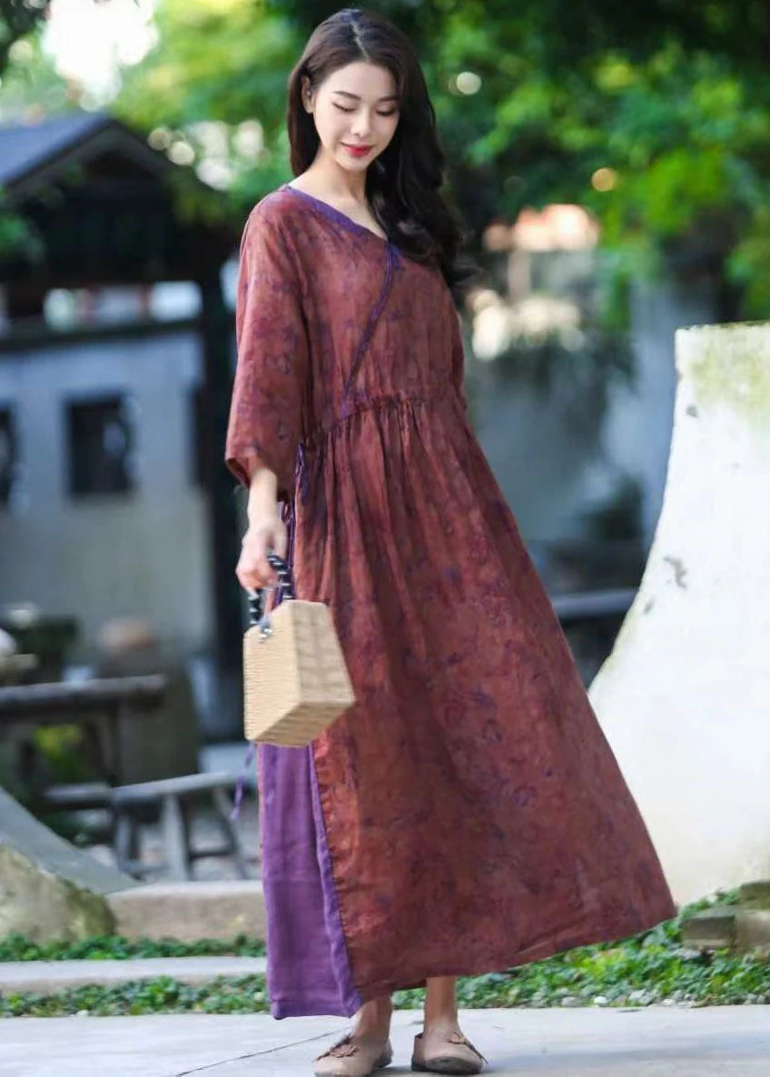 Beautiful Purple V Neck Print Drawstring Patchwork Linen Dresses Summer - Image 5