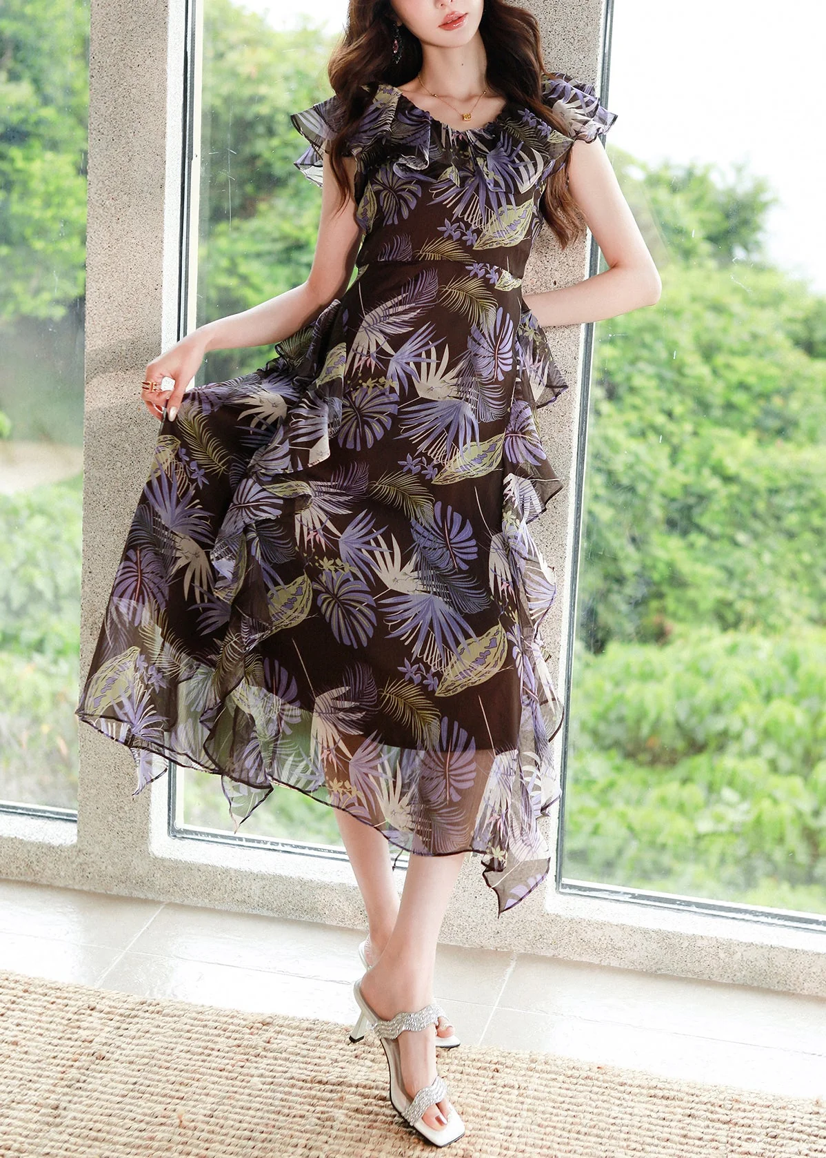 Beautiful Purple V Neck Print High Waist Chiffon Dress Summer - Image 2