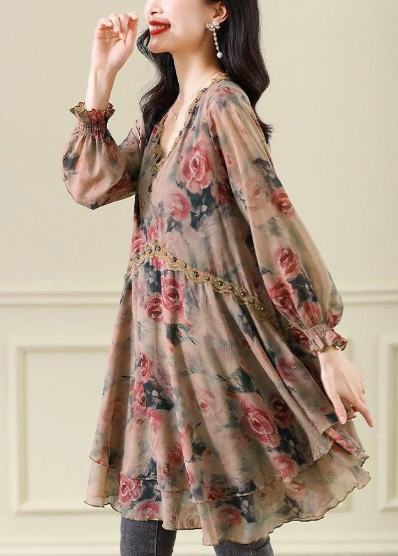 Beautiful Purple V Neck Print Nail Bead Chiffon Mid Dress Spring - Image 2