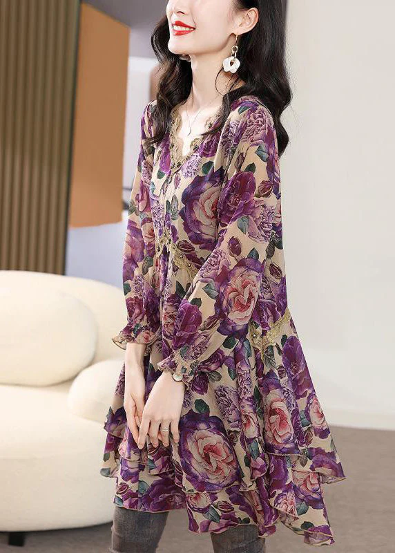 Beautiful Purple V Neck Print Nail Bead Chiffon Mid Dress Spring - Image 4