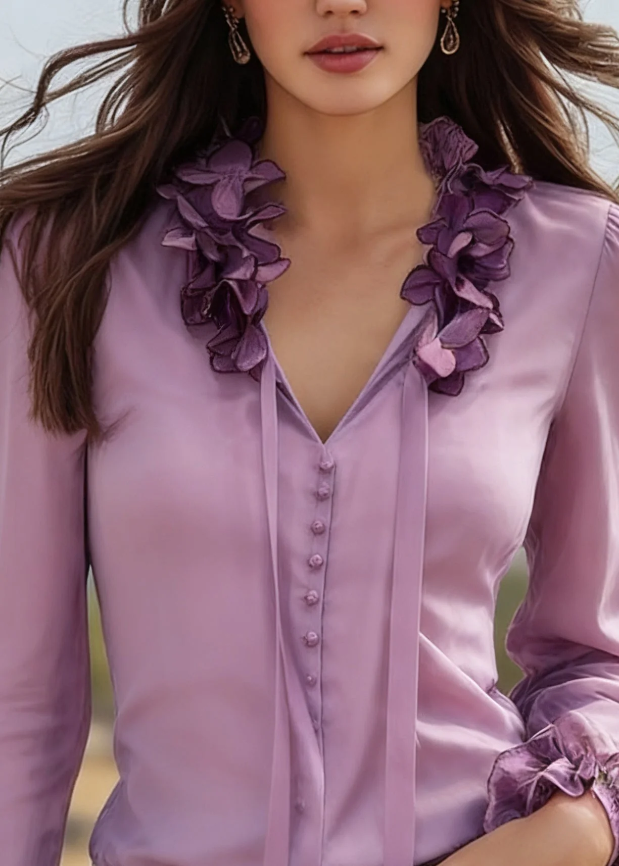 Beautiful Purple V Neck Tie Lace Solid Silk Top Spring - Image 2