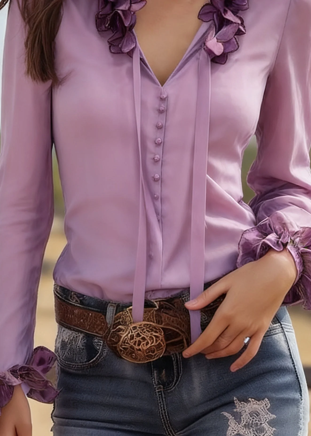 Beautiful Purple V Neck Tie Lace Solid Silk Top Spring - Image 4