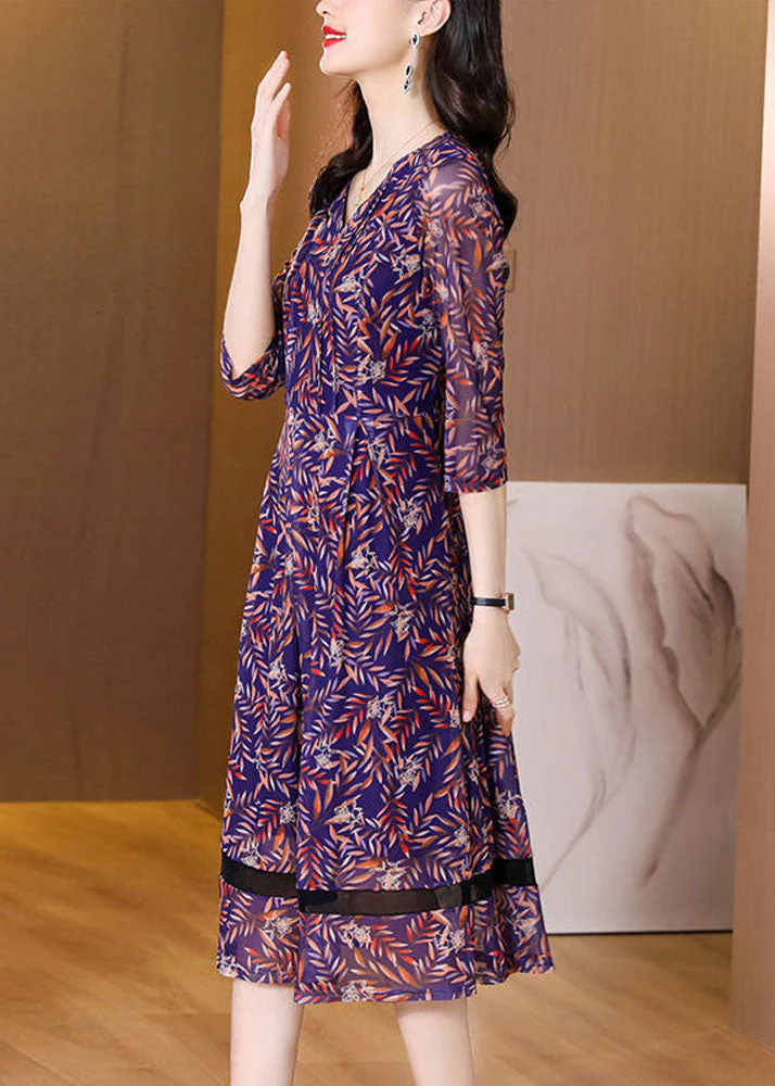 Beautiful Purple V Neck Wrinkled Tulle Patchwork Print Chiffon Dresses Half Sleeve - Image 4