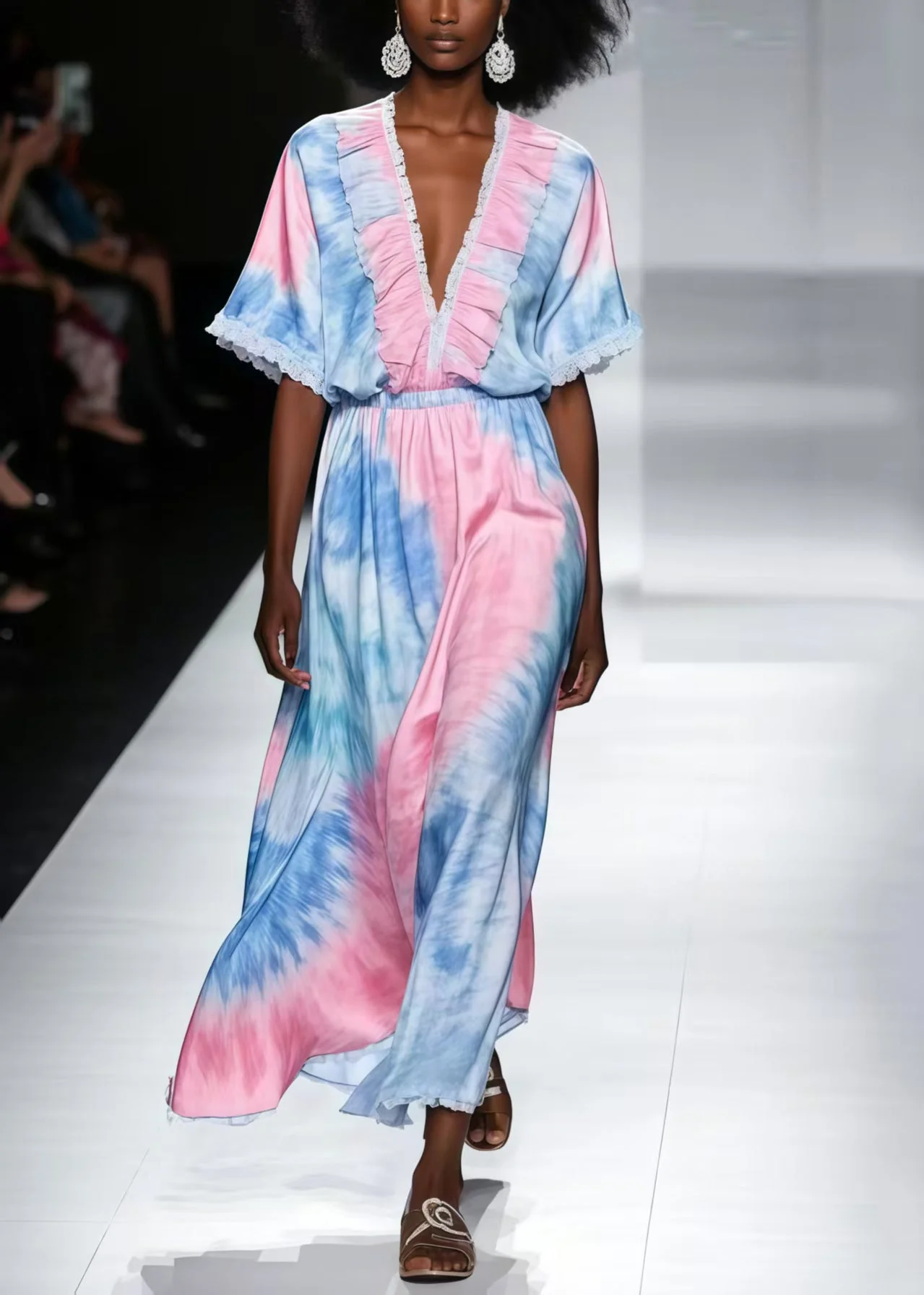 Beautiful Rainbow Ruffled Tie Dye Chiffon Maxi Dress Summer - Image 3