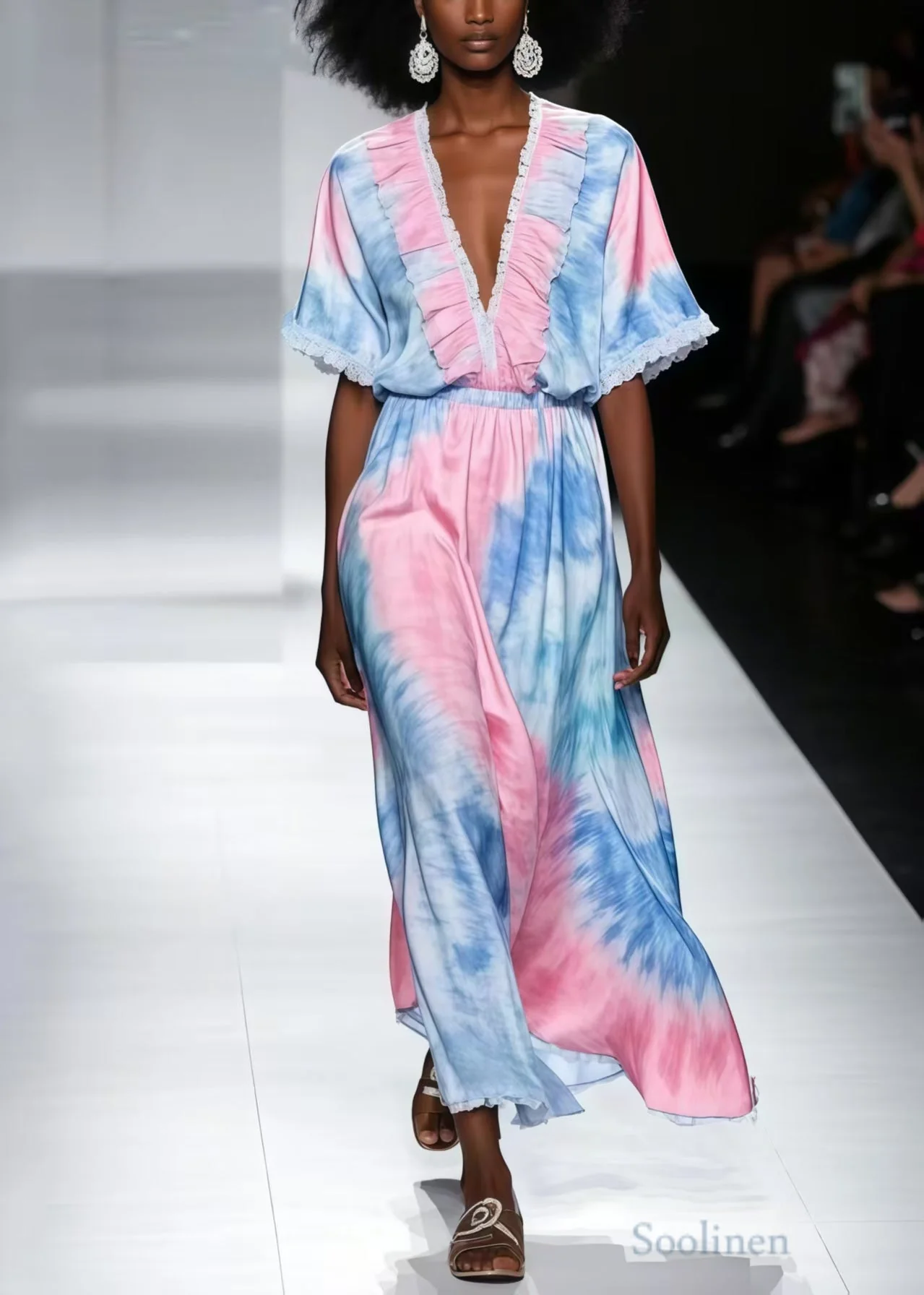 Beautiful Rainbow Ruffled Tie Dye Chiffon Maxi Dress Summer - Image 5