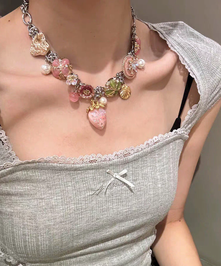 Beautiful Rainbow Stainless Steel Strawberry Sea Of Flowers Pendant Necklace - Image 5