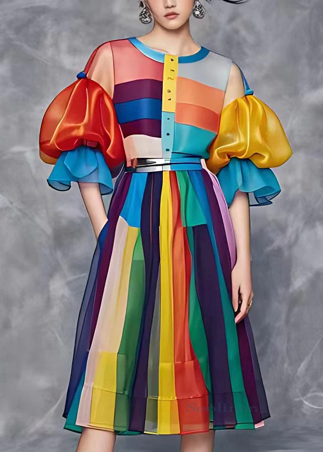 Beautiful Rainbow Tie Waist Vacation Chiffon Long Dresses Summer - Image 3