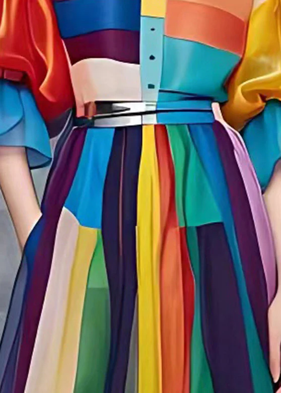 Beautiful Rainbow Tie Waist Vacation Chiffon Long Dresses Summer - Image 4
