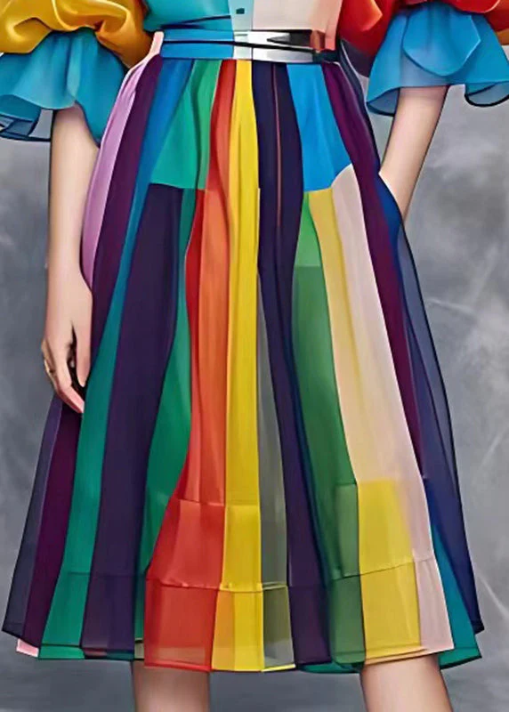 Beautiful Rainbow Tie Waist Vacation Chiffon Long Dresses Summer - Image 5