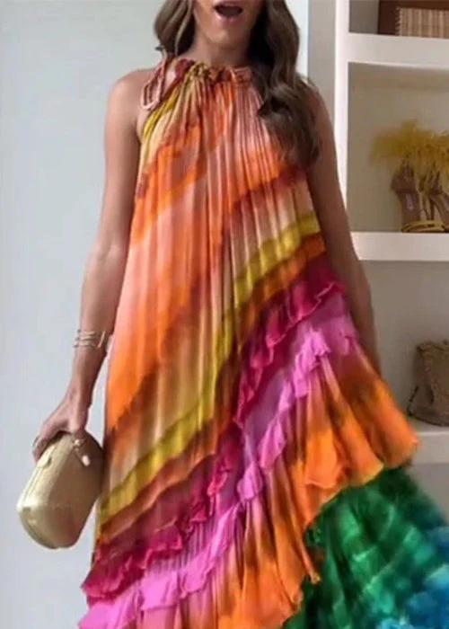 Beautiful Rainbow Wrinkled Lace Up Cotton Maxi Dresses Sleeveless - Image 2