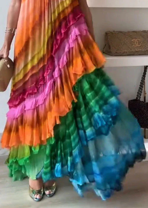 Beautiful Rainbow Wrinkled Lace Up Cotton Maxi Dresses Sleeveless - Image 3