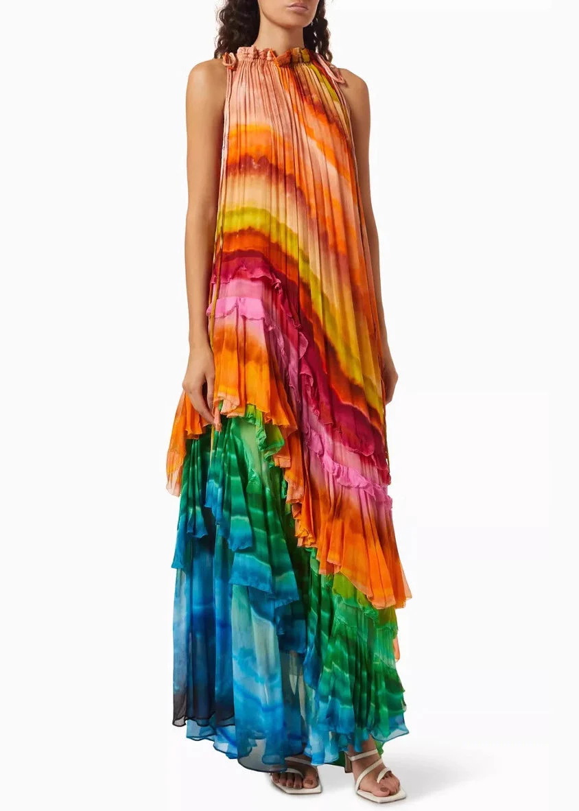 Beautiful Rainbow Wrinkled Lace Up Cotton Maxi Dresses Sleeveless - Image 4