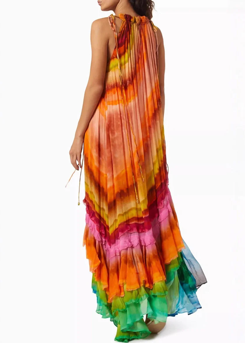 Beautiful Rainbow Wrinkled Lace Up Cotton Maxi Dresses Sleeveless - Image 5