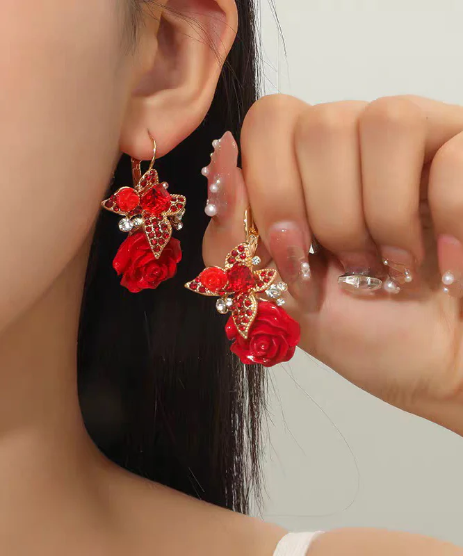 Beautiful Red Acrylic Alloy Zircon Butterfly Floral Drop Earrings - Image 3