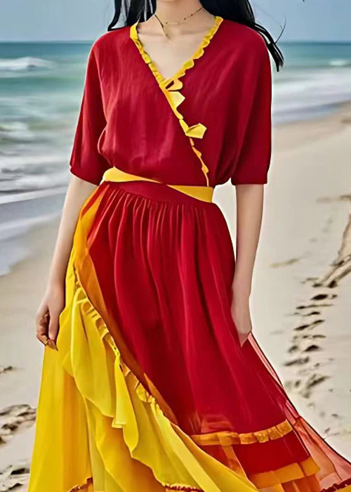 Beautiful Red Asymmetrical Ruffled Patchwork Chiffon Dress Summer - Image 3