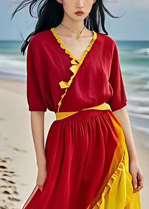 Beautiful Red Asymmetrical Ruffled Patchwork Chiffon Dress Summer - Image 4