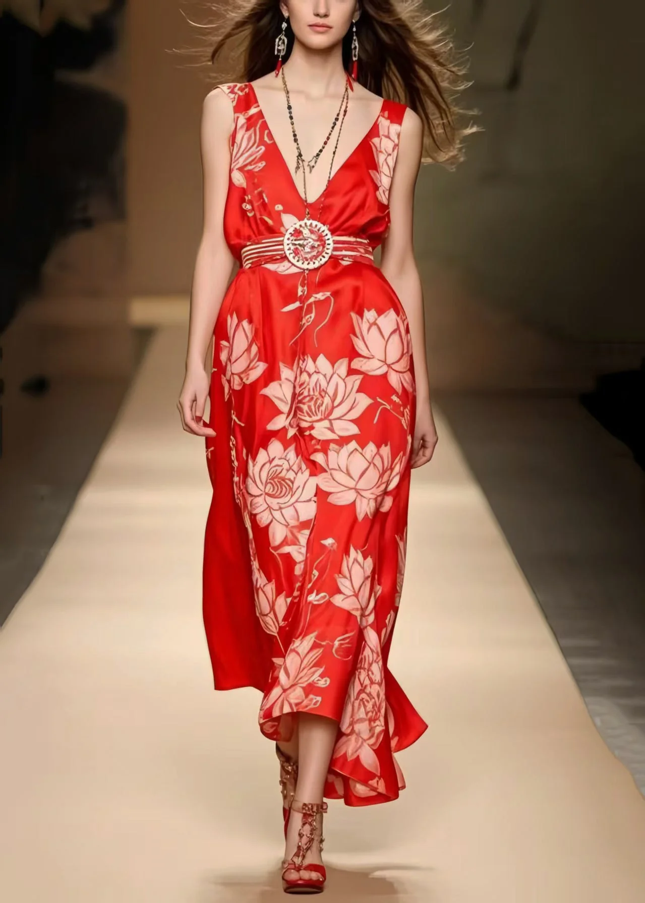 Beautiful Red Cinched Print Silk Cami Dresses Summer - Image 3
