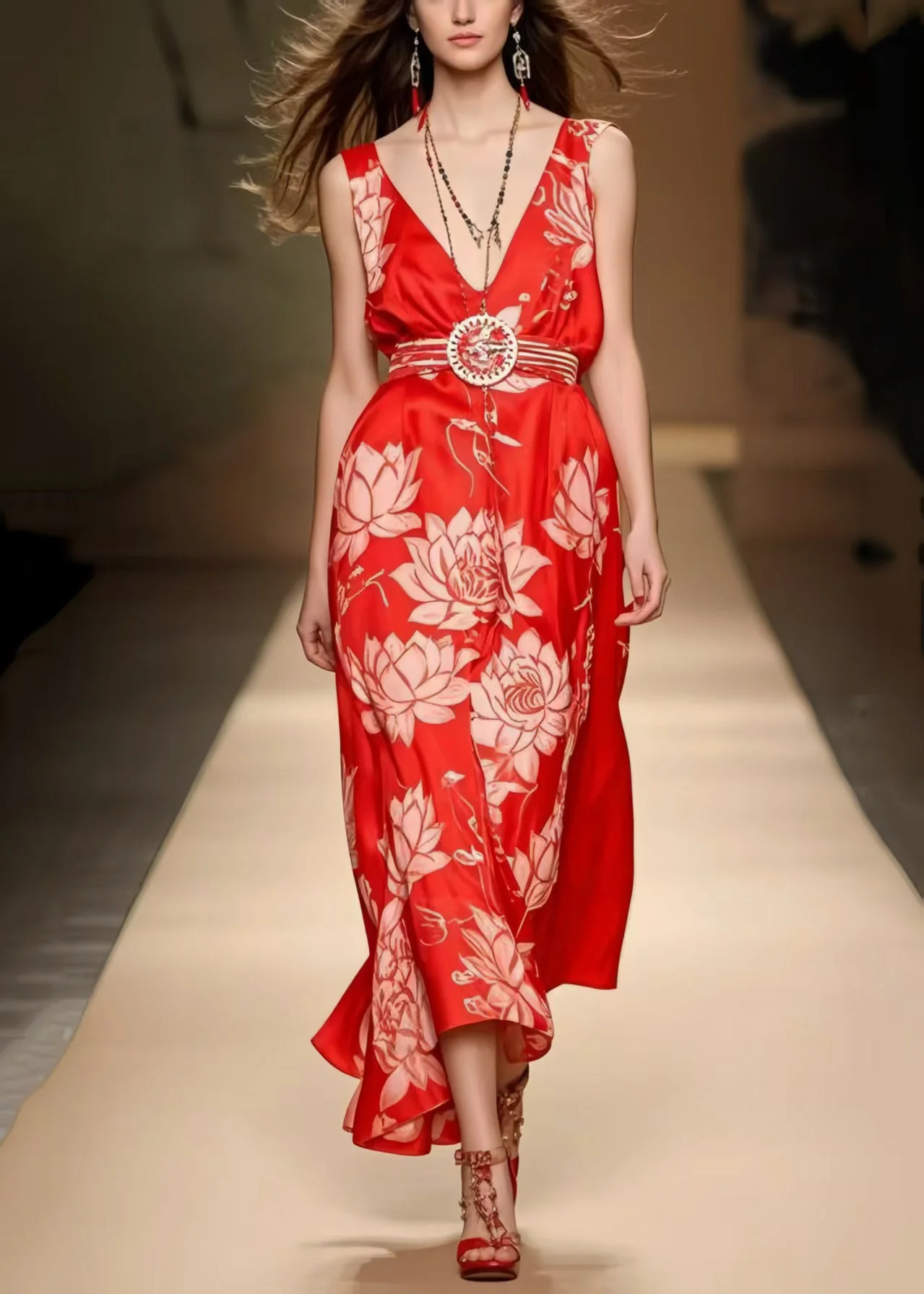 Beautiful Red Cinched Print Silk Cami Dresses Summer - Image 5