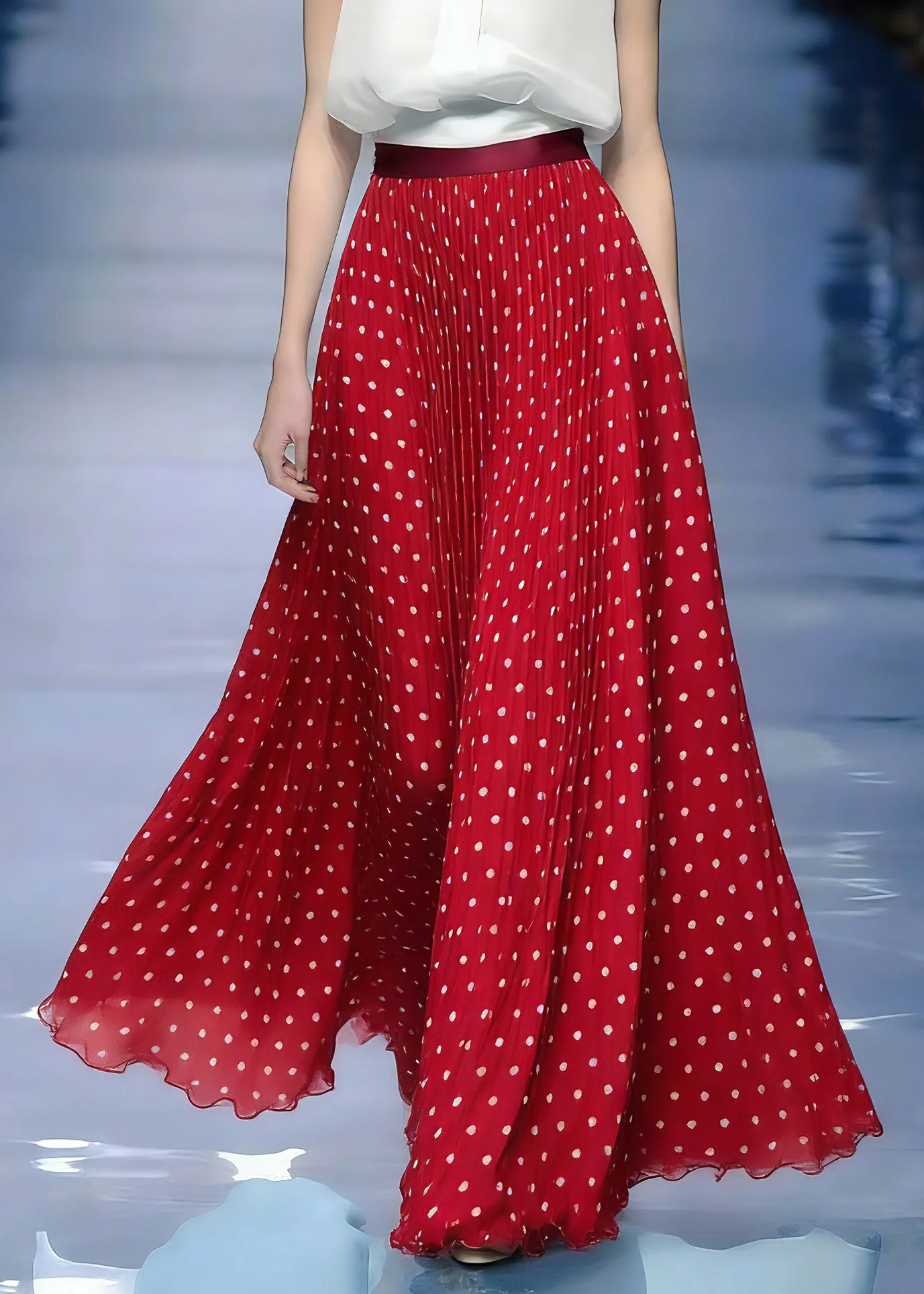 Beautiful Red Elastic Waist Dot Maxi Skirts Summer - Image 5