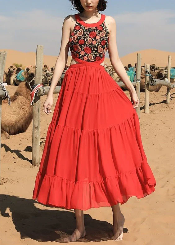 Beautiful Red Embroidered Lace Up Chiffon Long Dress Sleeveless - Image 2
