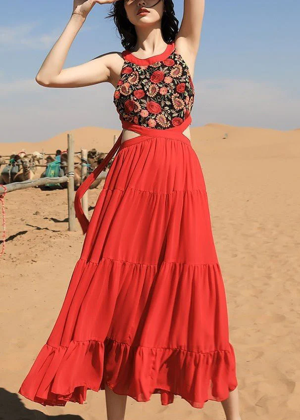 Beautiful Red Embroidered Lace Up Chiffon Long Dress Sleeveless - Image 3