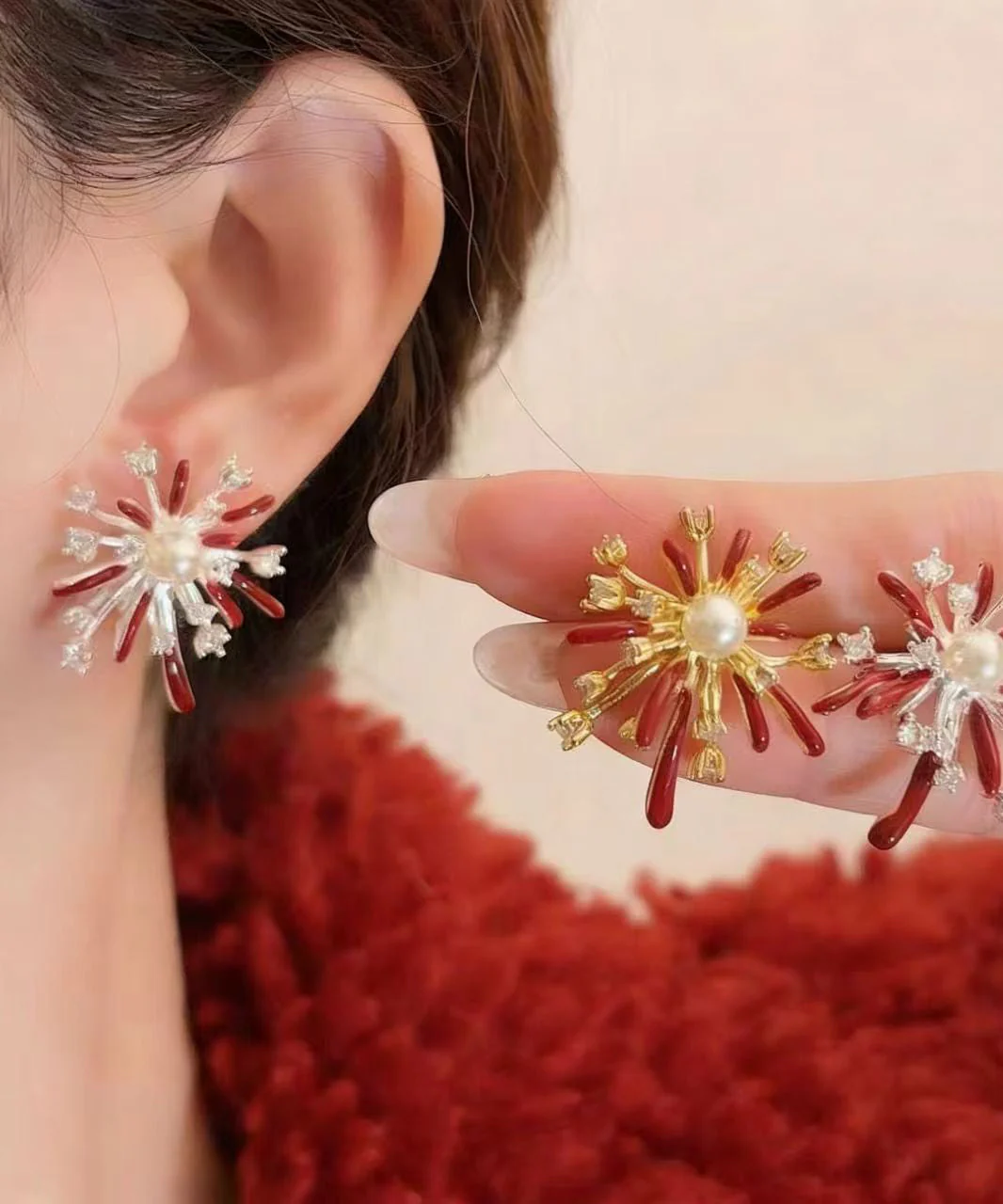 Beautiful Red Fireworks Shape Metal Stud Earrings - Image 4