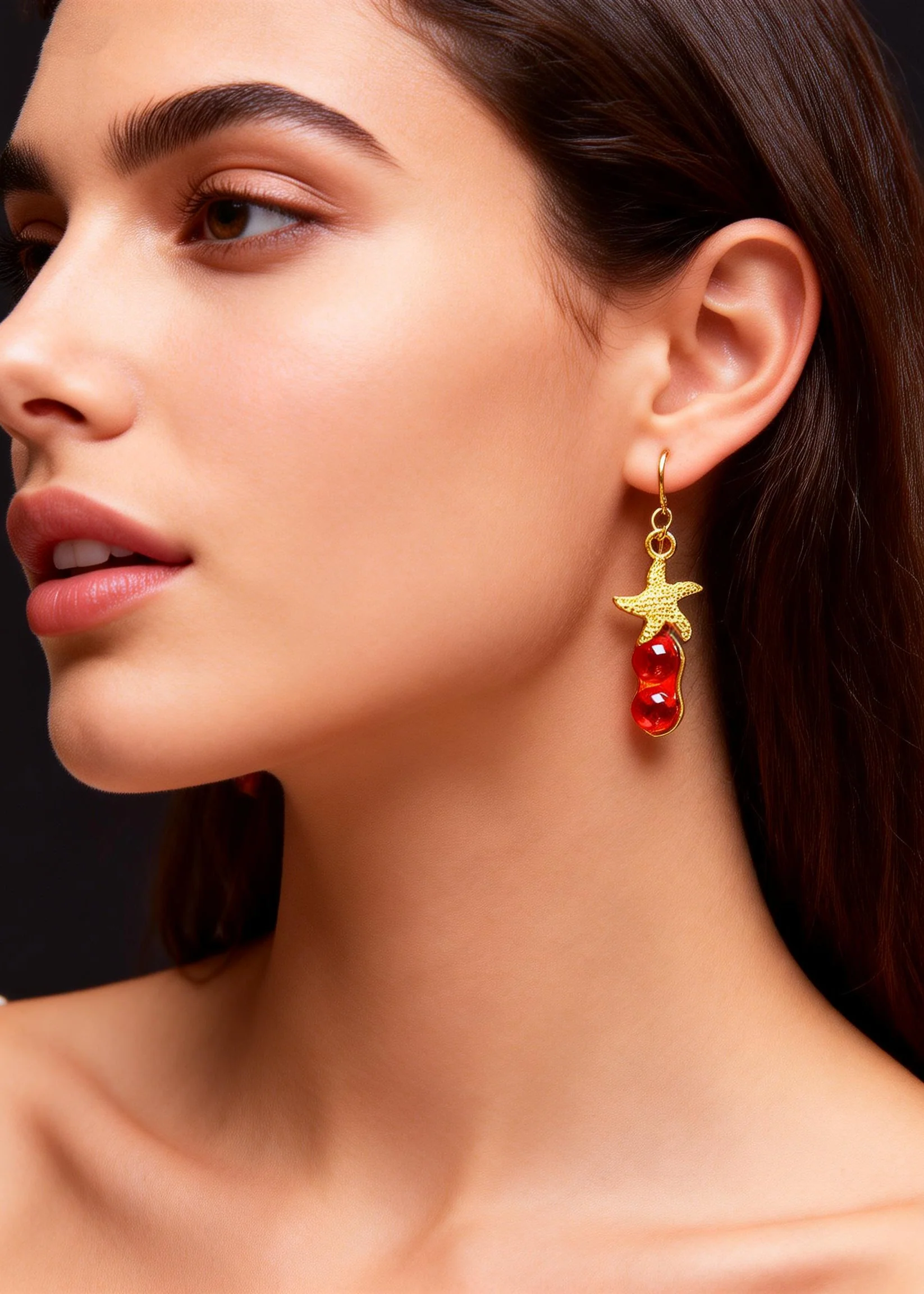 Beautiful Red Gem Stone Starfish Design Drop Earrings - Image 2