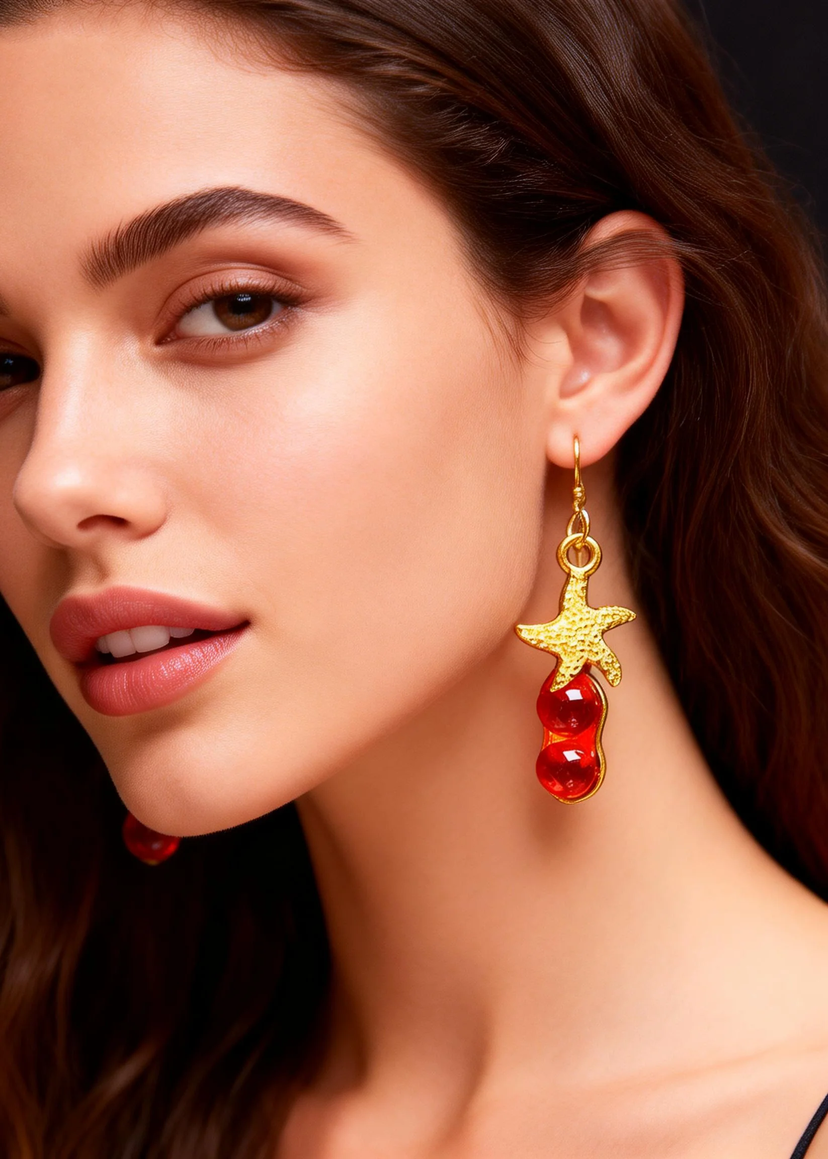 Beautiful Red Gem Stone Starfish Design Drop Earrings - Image 3