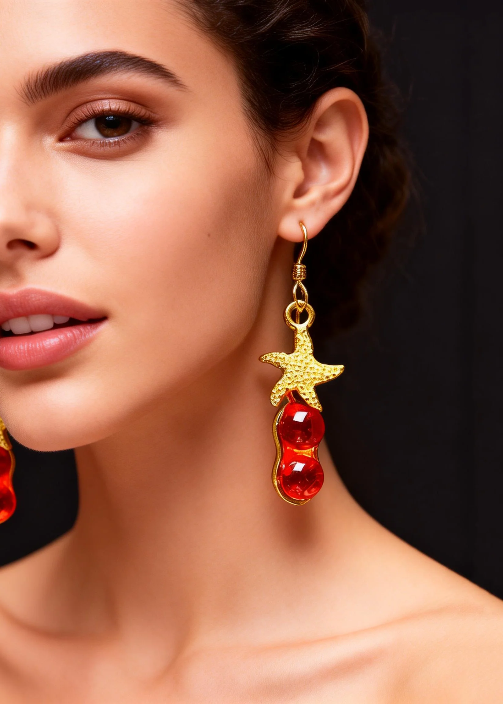 Beautiful Red Gem Stone Starfish Design Drop Earrings - Image 4