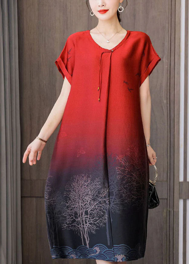 Beautiful Red Gradient Color O-Neck Tassel Print Silk Dresses Short Sleeve - Image 2