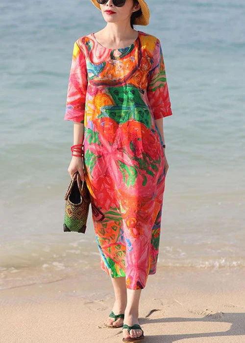 Beautiful Red O Neck Print Pockets Cotton Vacation Dresses Half Sleeve - Image 2