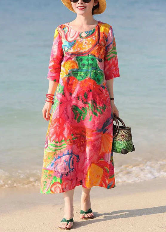 Beautiful Red O Neck Print Pockets Cotton Vacation Dresses Half Sleeve - Image 3