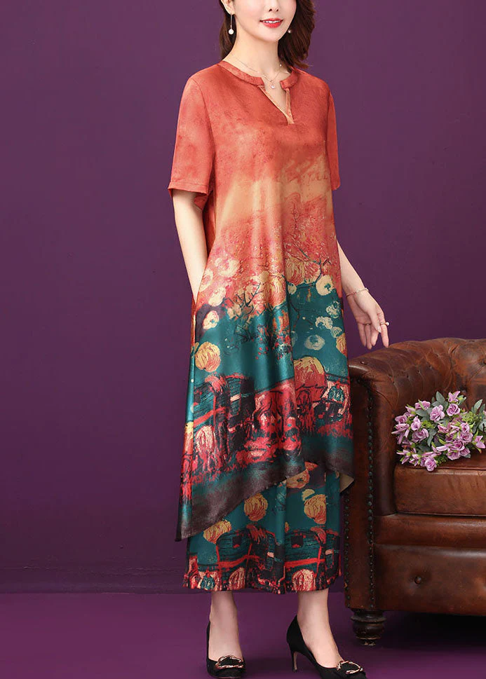 Beautiful Red O-Neck Print Silk Long Dress And Straight Pant Two Piece Set Summer - Image 2