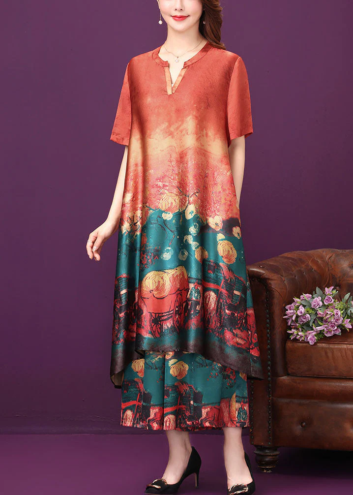 Beautiful Red O-Neck Print Silk Long Dress And Straight Pant Two Piece Set Summer - Image 3