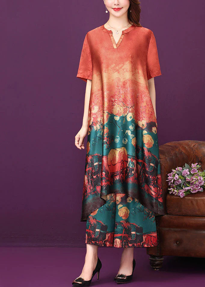 Beautiful Red O-Neck Print Silk Long Dress And Straight Pant Two Piece Set Summer - Image 4