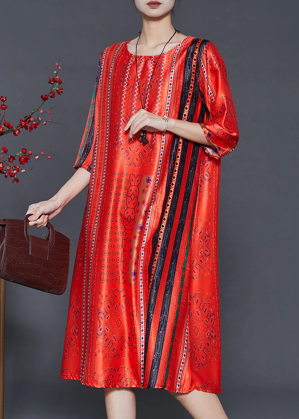 Beautiful Red Oversized Print Chiffon Long Dress Summer - Image 3