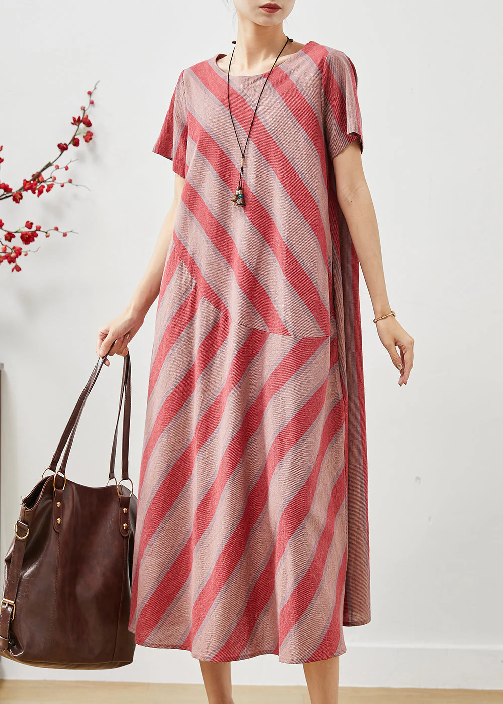 Beautiful Red Oversized Striped Cotton Robe Dresses Summer - Image 2