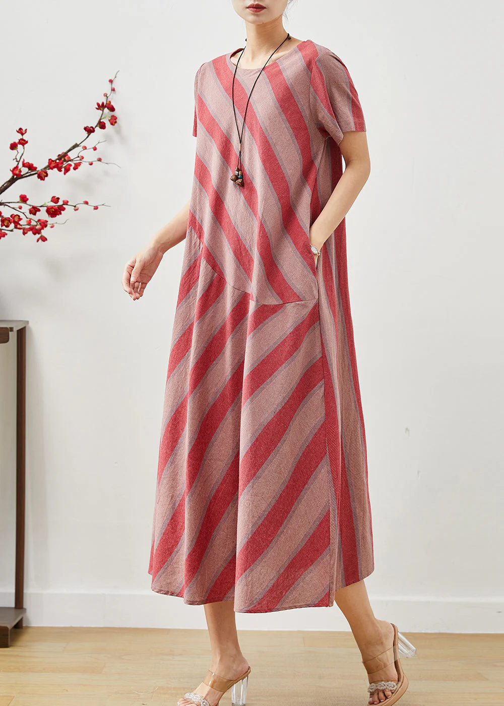 Beautiful Red Oversized Striped Cotton Robe Dresses Summer - Image 3