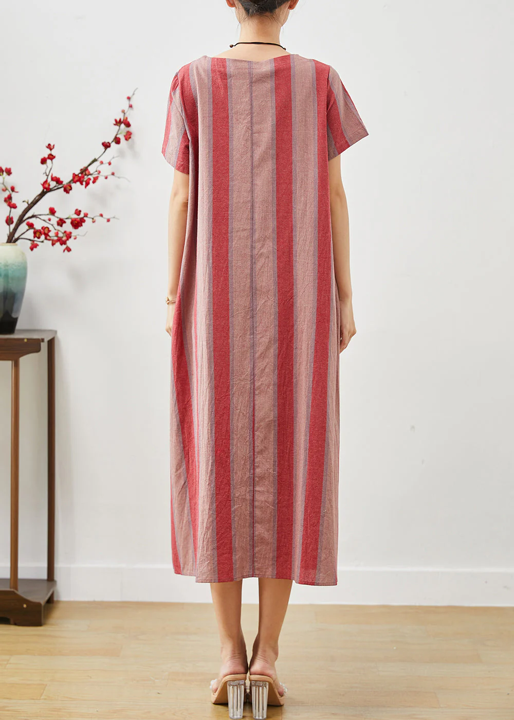 Beautiful Red Oversized Striped Cotton Robe Dresses Summer - Image 4