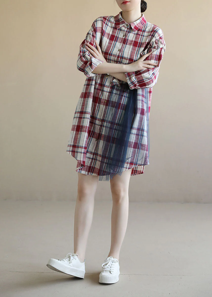 Beautiful Red Plaid Ruffled Patchwork Tulle Cotton Linen Shirt Dress Long Sleeve - Image 2