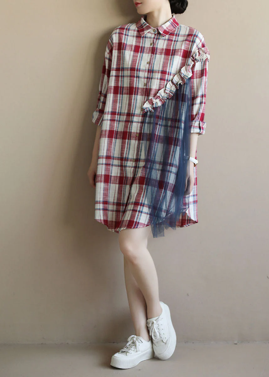 Beautiful Red Plaid Ruffled Patchwork Tulle Cotton Linen Shirt Dress Long Sleeve - Image 3