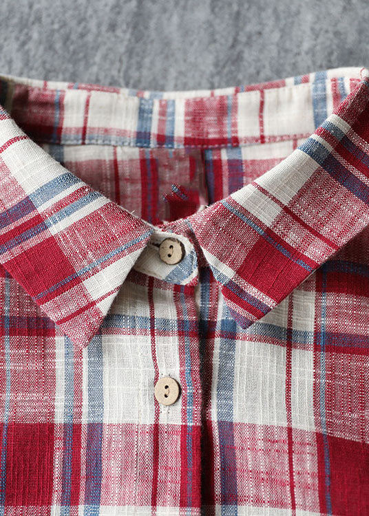 Beautiful Red Plaid Ruffled Patchwork Tulle Cotton Linen Shirt Dress Long Sleeve - Image 4