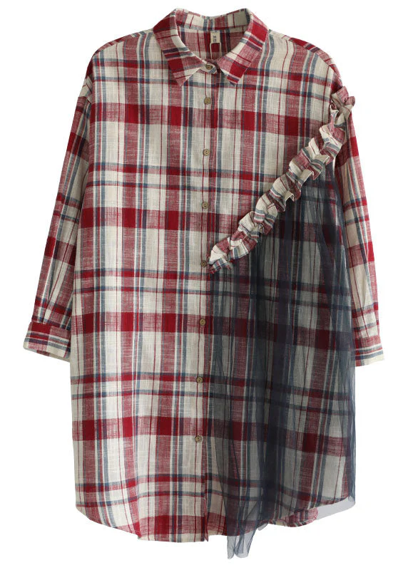 Beautiful Red Plaid Ruffled Patchwork Tulle Cotton Linen Shirt Dress Long Sleeve - Image 5