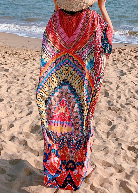 Beautiful Red Print Beach Gown Mid Dress Summer - Image 3