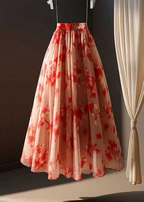 Beautiful Red Print Elastic Waist Chiffon A Line Skirts Summer - Image 3