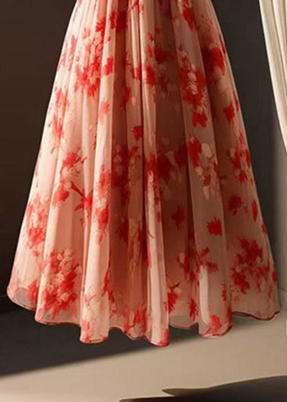 Beautiful Red Print Elastic Waist Chiffon A Line Skirts Summer - Image 4
